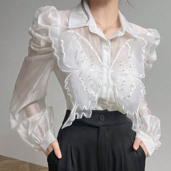 White Elegant Women's 3D Butterfly Decorated Puff Sleeve Blouse - Picture 8 of 8